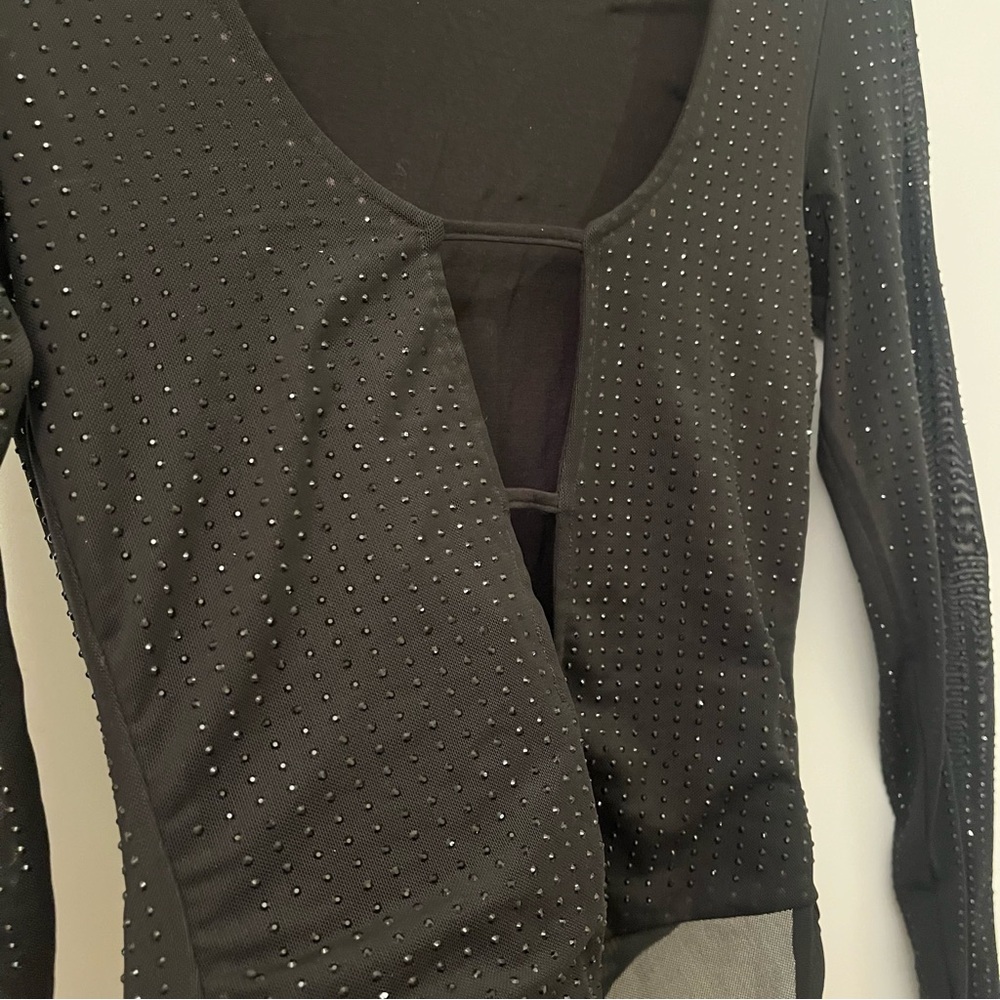 OW Collection Black Sparkly Rhinestone Studded Mesh Cutout Bodysuit - Picture 3 of 9